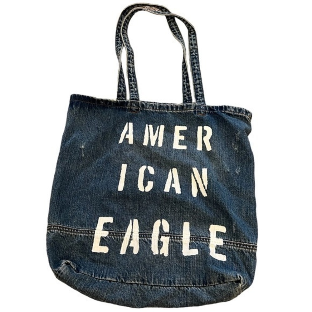 American Eagle Outfitters White Stenciled Letters Logo Blue Jeans Tote Bag